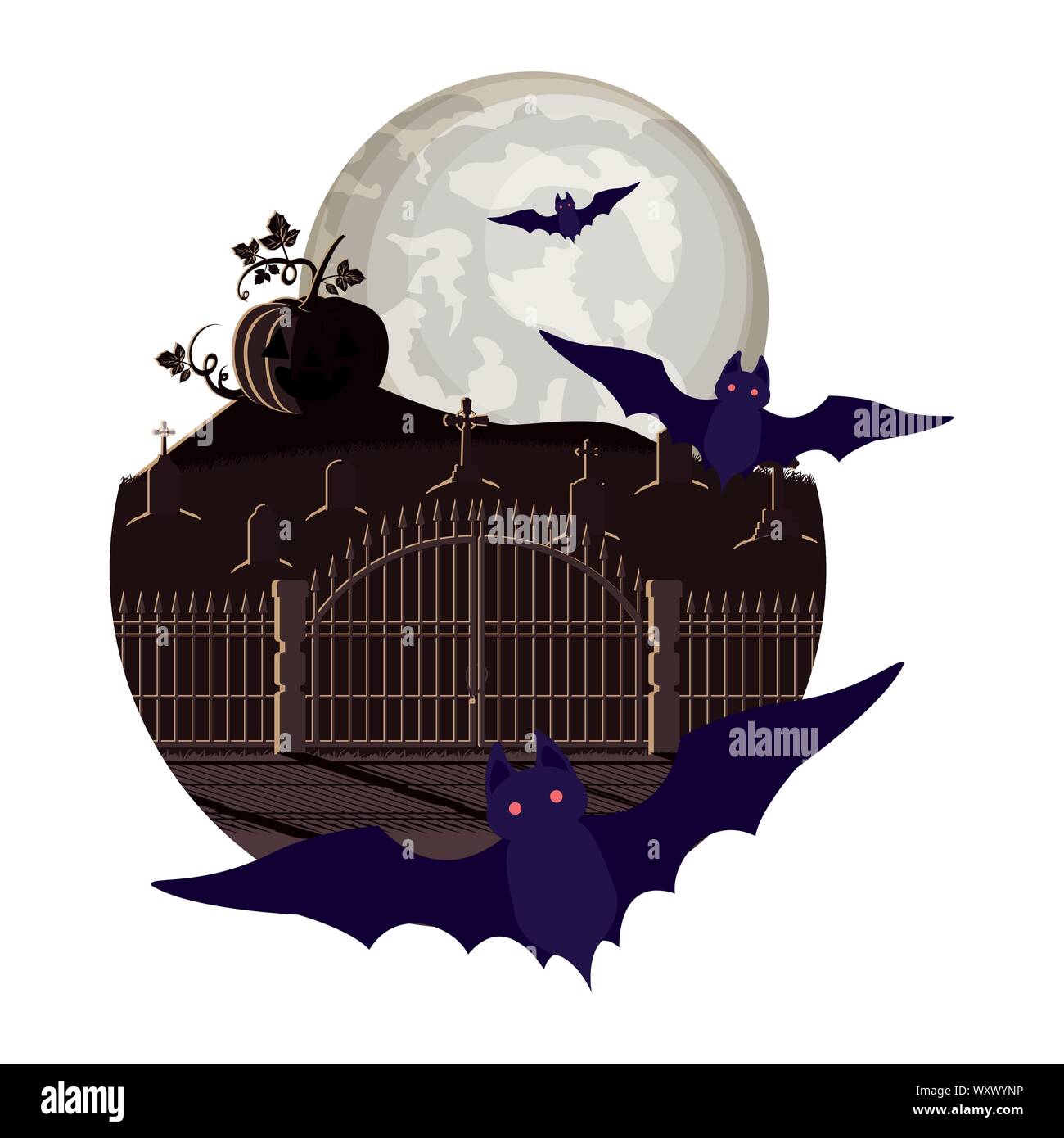 halloween bats flying with pumpkin in cemetery night scene Stock Vector ...