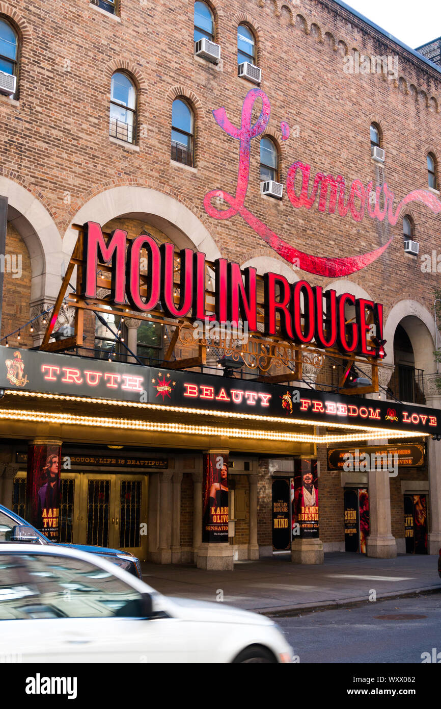 'Moulin Rouge!' musical marquee at the Al Hirschfeld Theatre in New York City, USA Stock Photo