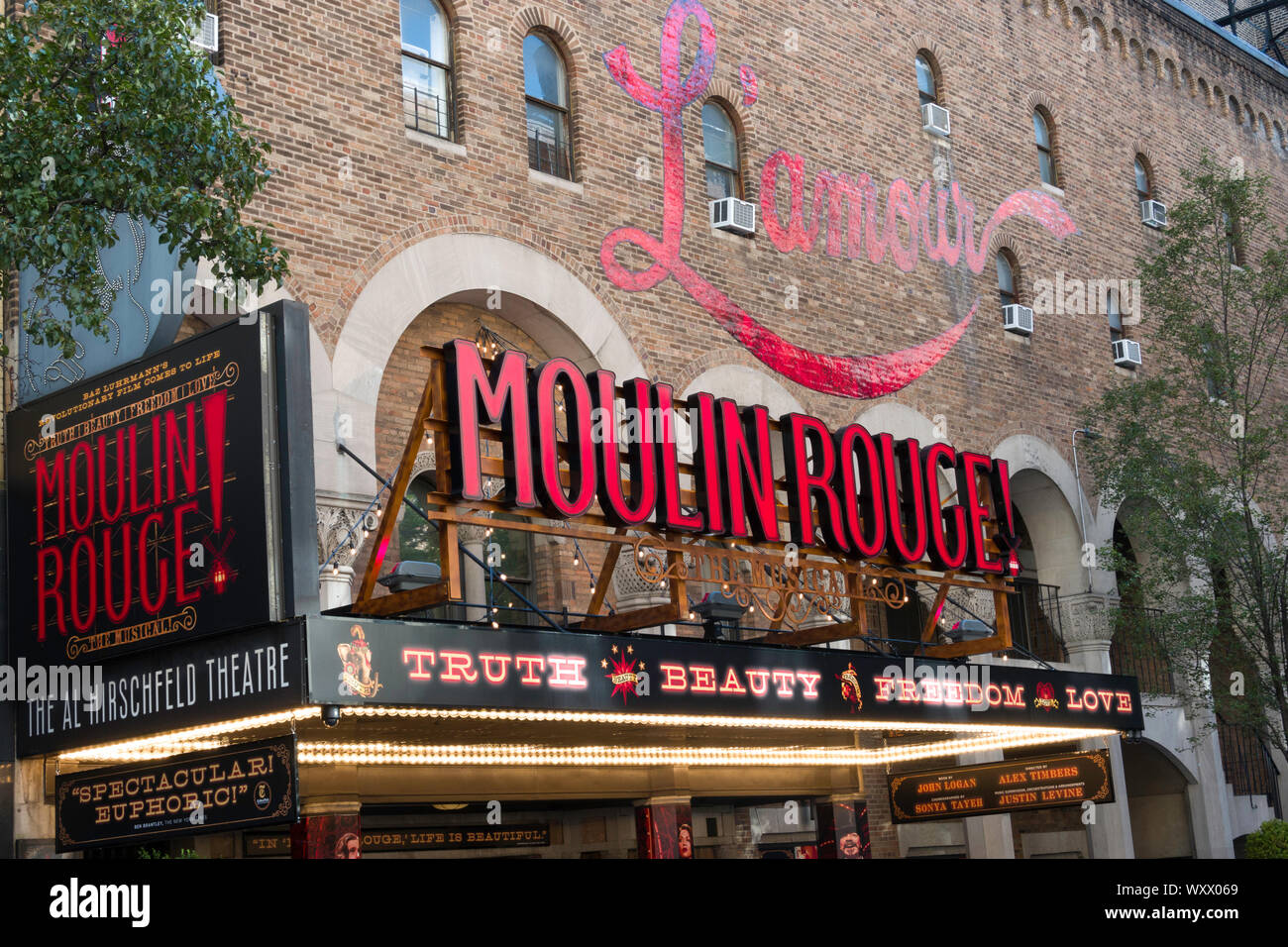 'Moulin Rouge!' musical marquee at the Al Hirschfeld Theatre in New York City, USA Stock Photo