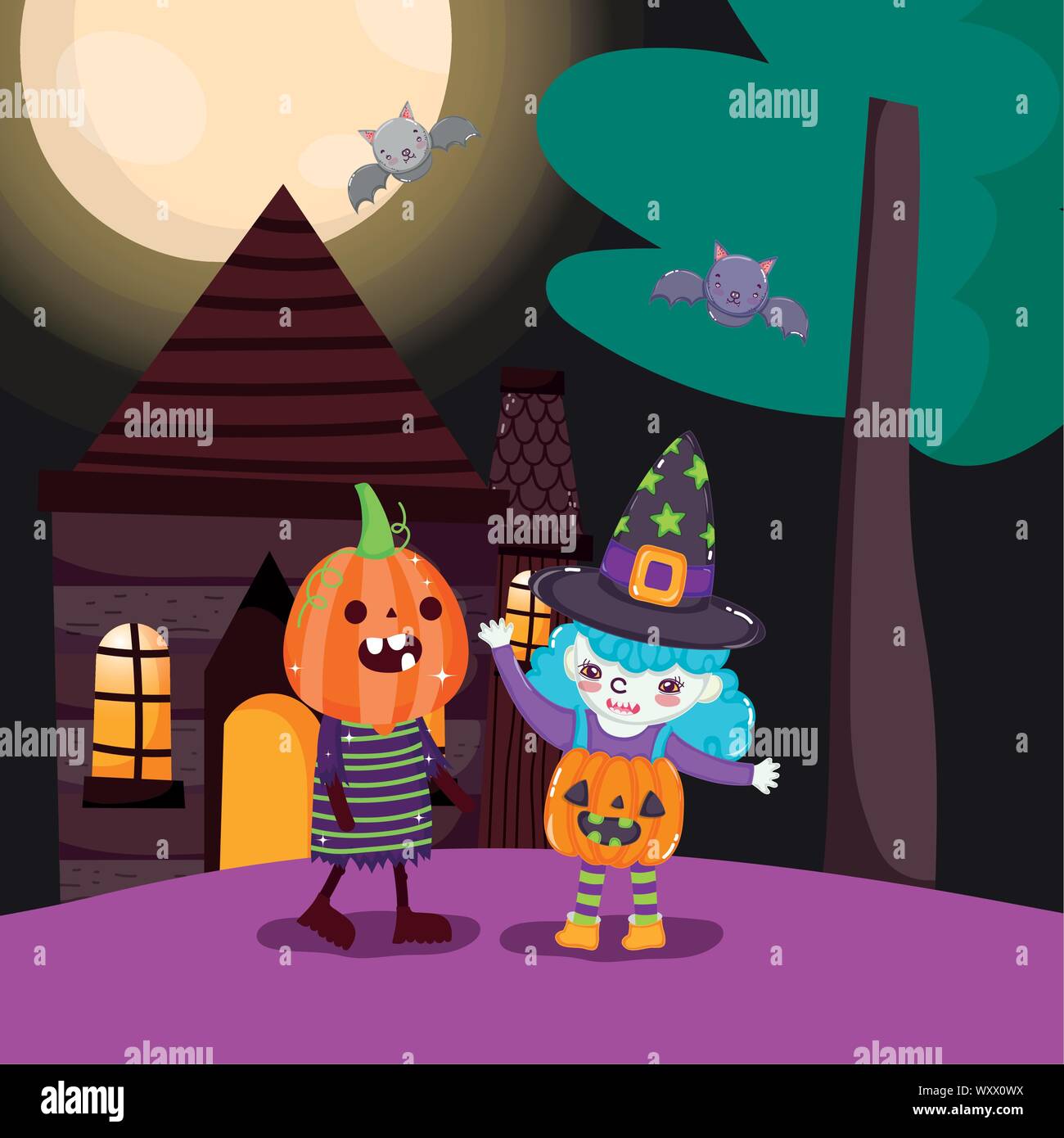 kids with pumpkin and witch costume halloween image vector illustration ...