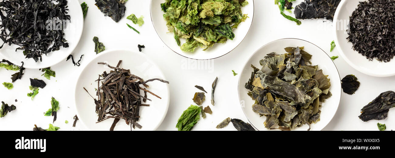 A panorama of dry seaweed, sea vegetables, overhead shot on a white background Stock Photo
