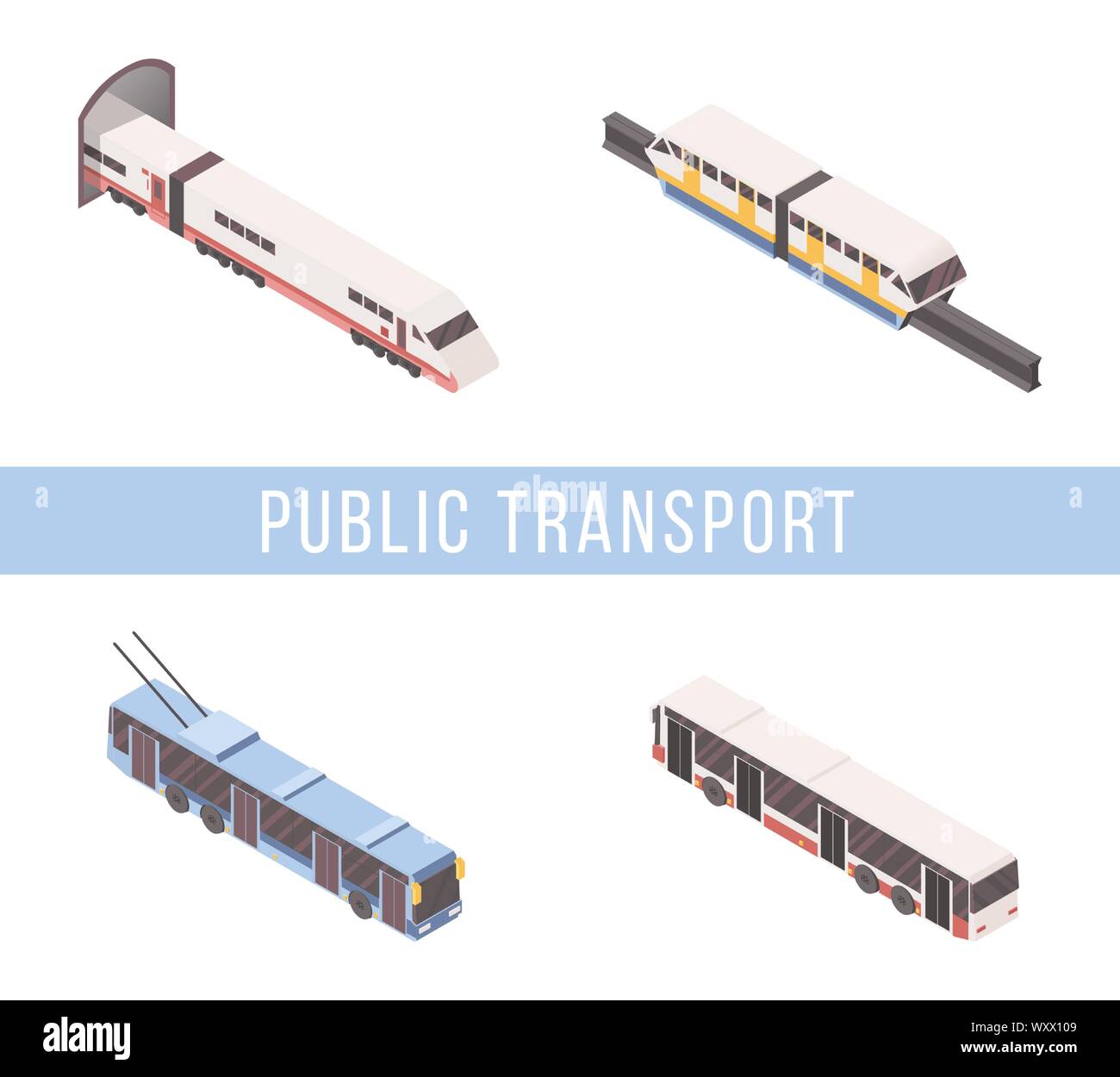 Public transport isometric vector banner template. Tram, subway train, passenger bus and trolleybus 3D illustrations set with typography. City transportation business, urban travel service concept Stock Vector