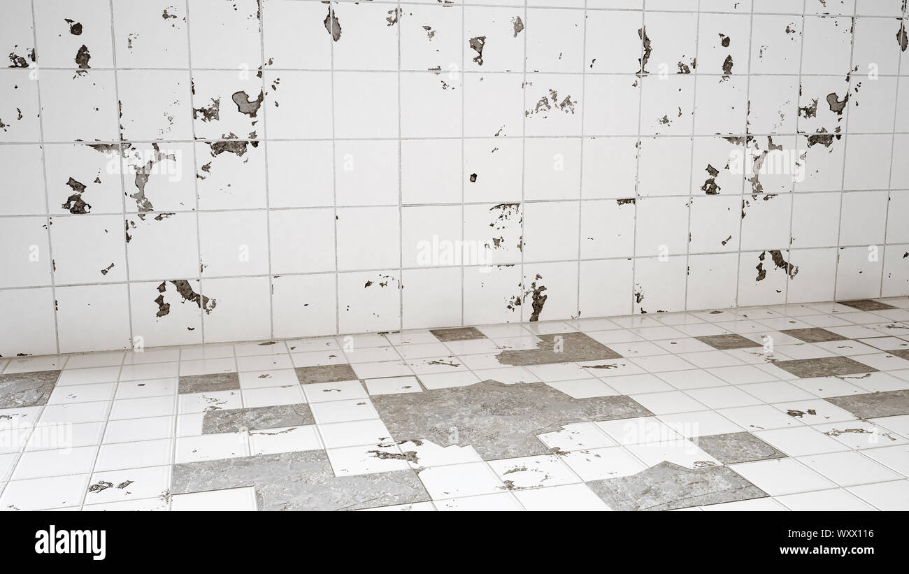 Unrenovated bathroom with many broken tiles - 3D Rendering Stock Photo