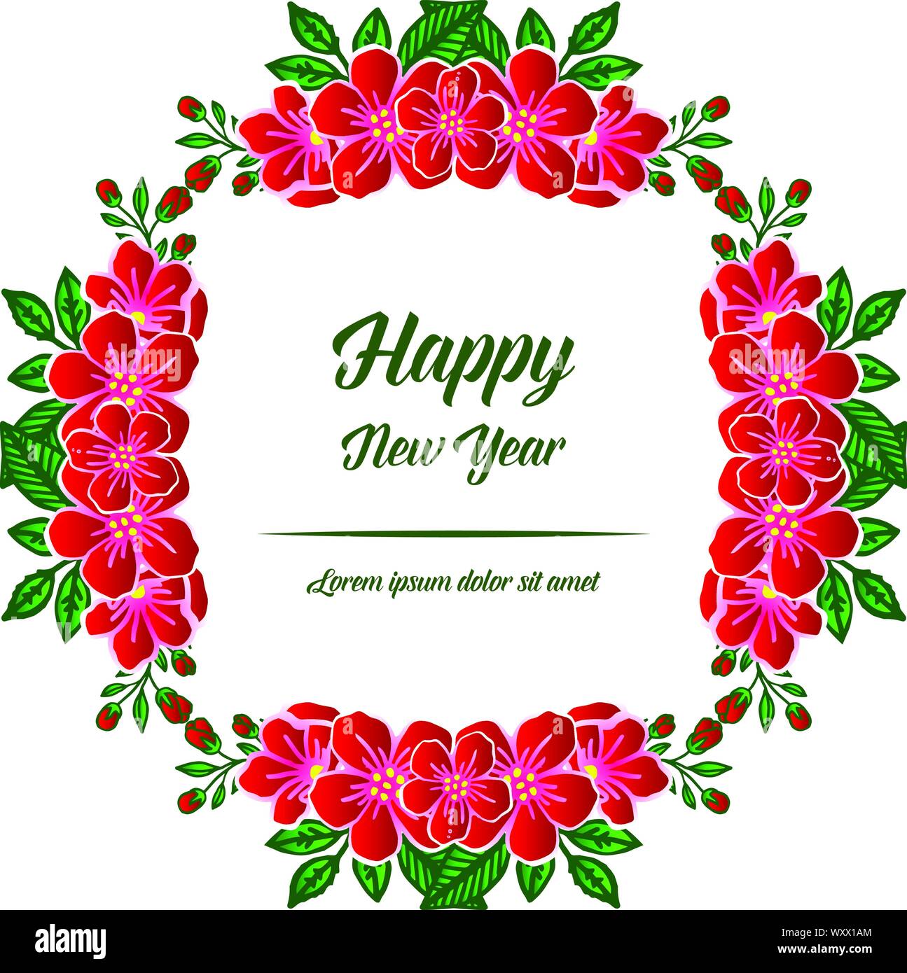 Template of card happy new year, with drawing art of red flower frame ...