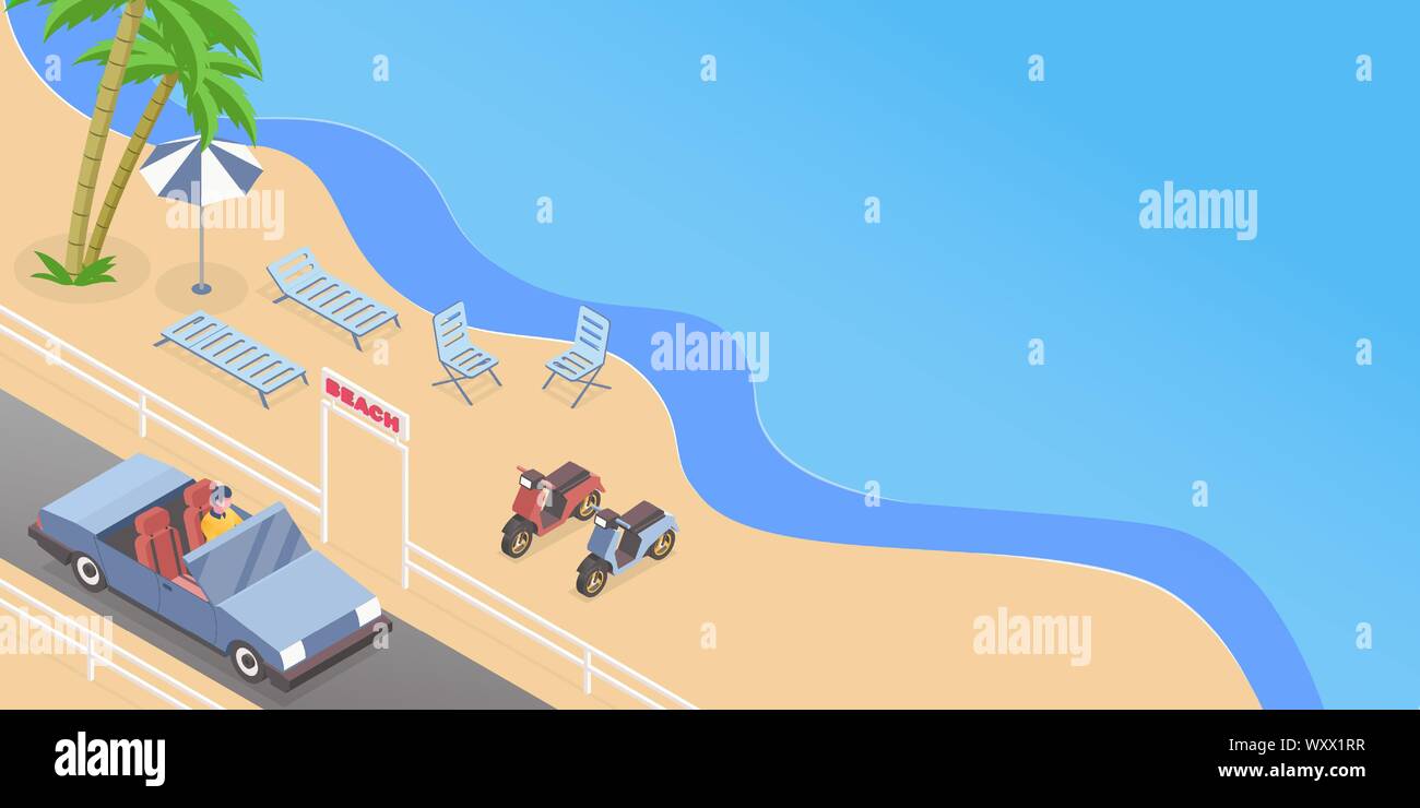 Summer road trip isometric vector illustration. Cabriolet driver, man driving passenger car cartoon character. Seasonal recreation, sand beach rest, seaside vacation banner concept with text space Stock Vector