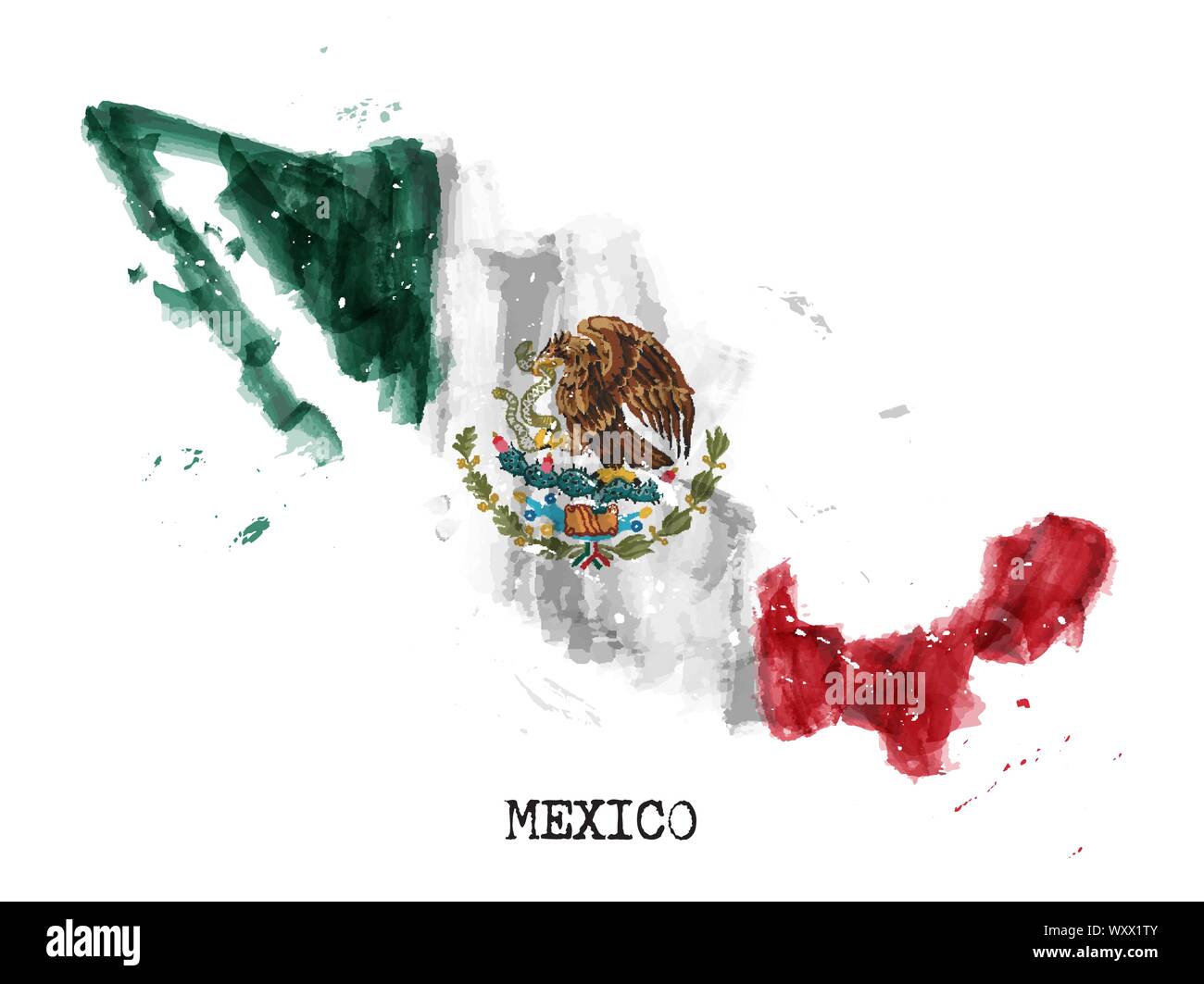 Mexico flag watercolor painting design and country map shape with splatter color . isolated background . Vector . Stock Vector