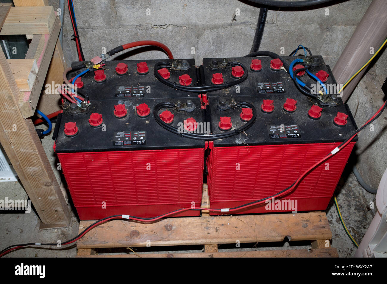 Four large 12v lead acid batteries for storing wind generated