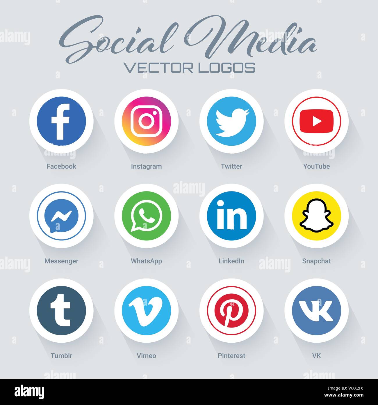 Collection of popular social media logos in round form. Instagram, facebook, twitter, youtube, whatsapp, pinterest, snapchat, linkedin, tumblr, messen Stock Vector