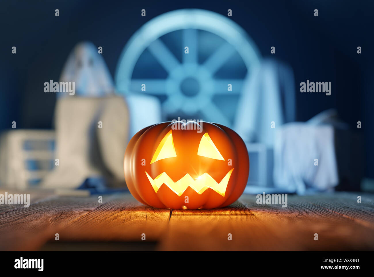 A glowing pumpkin lantern Jack O Lantern place on the floor of a attic ...