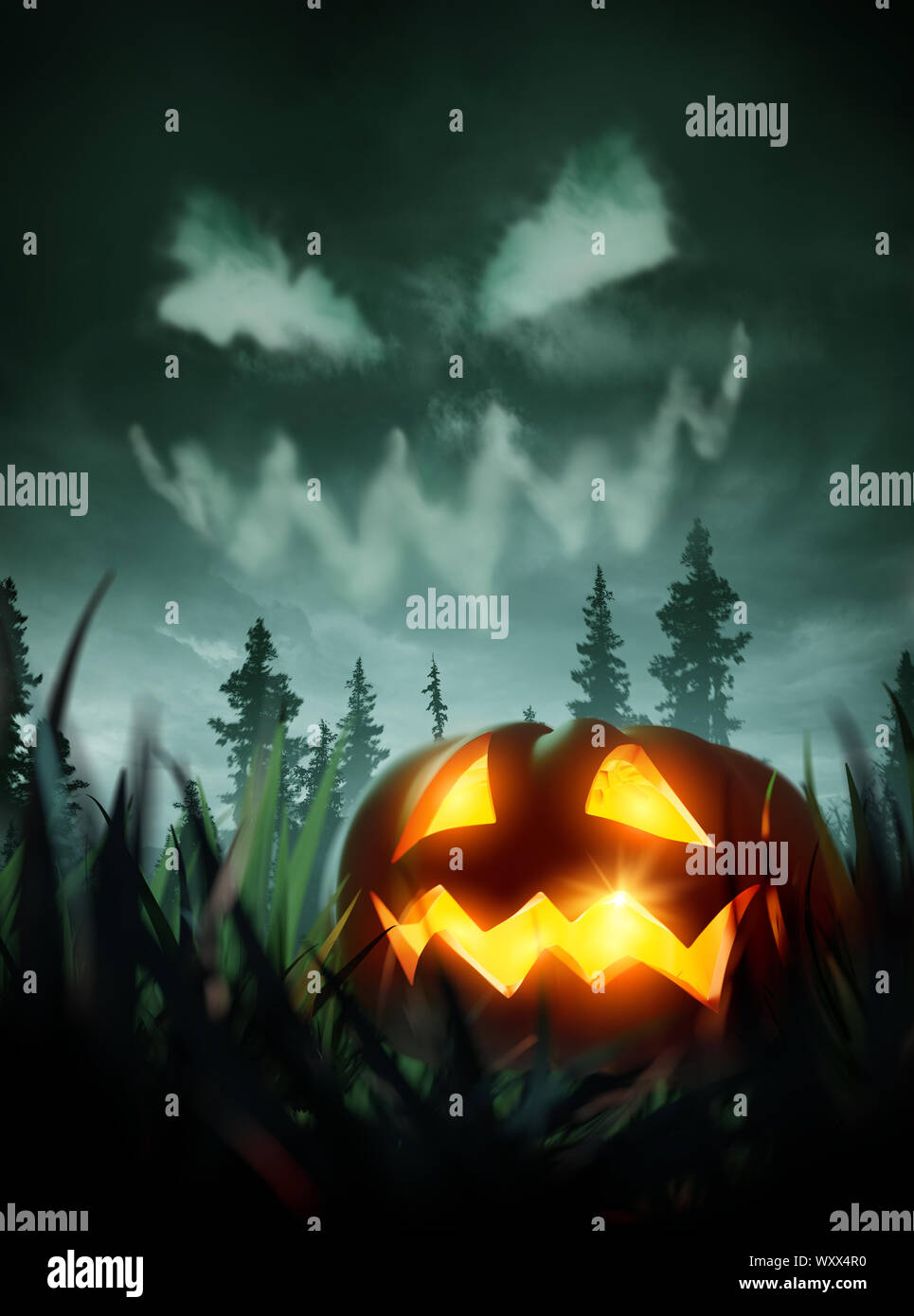 A pumpkin lantern glowing on the ground at night with a stormy sky and clouds forming an evil face. 3D illustration. Stock Photo