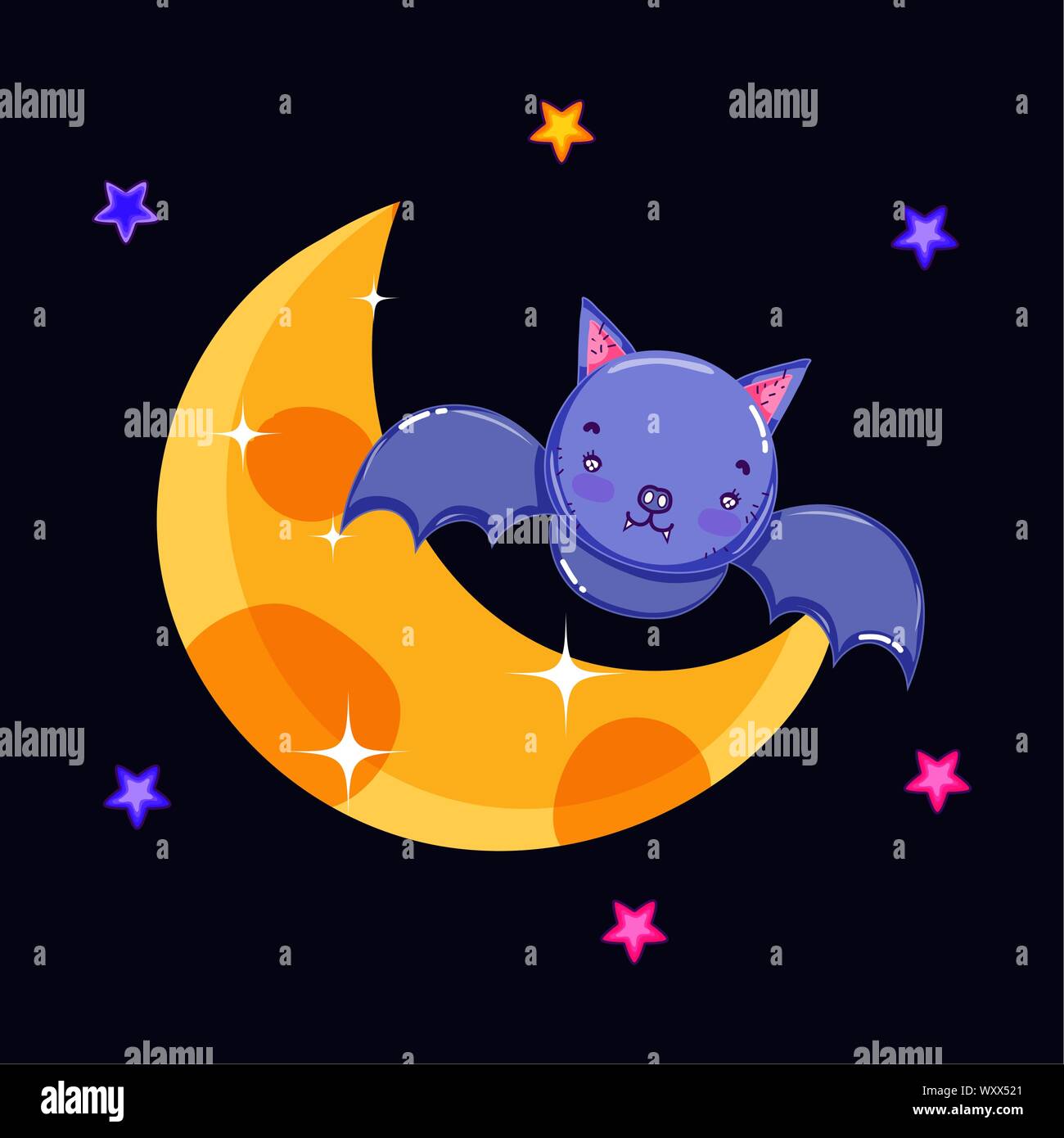 cute bat night moon halloween vector illustration Stock Vector Image ...
