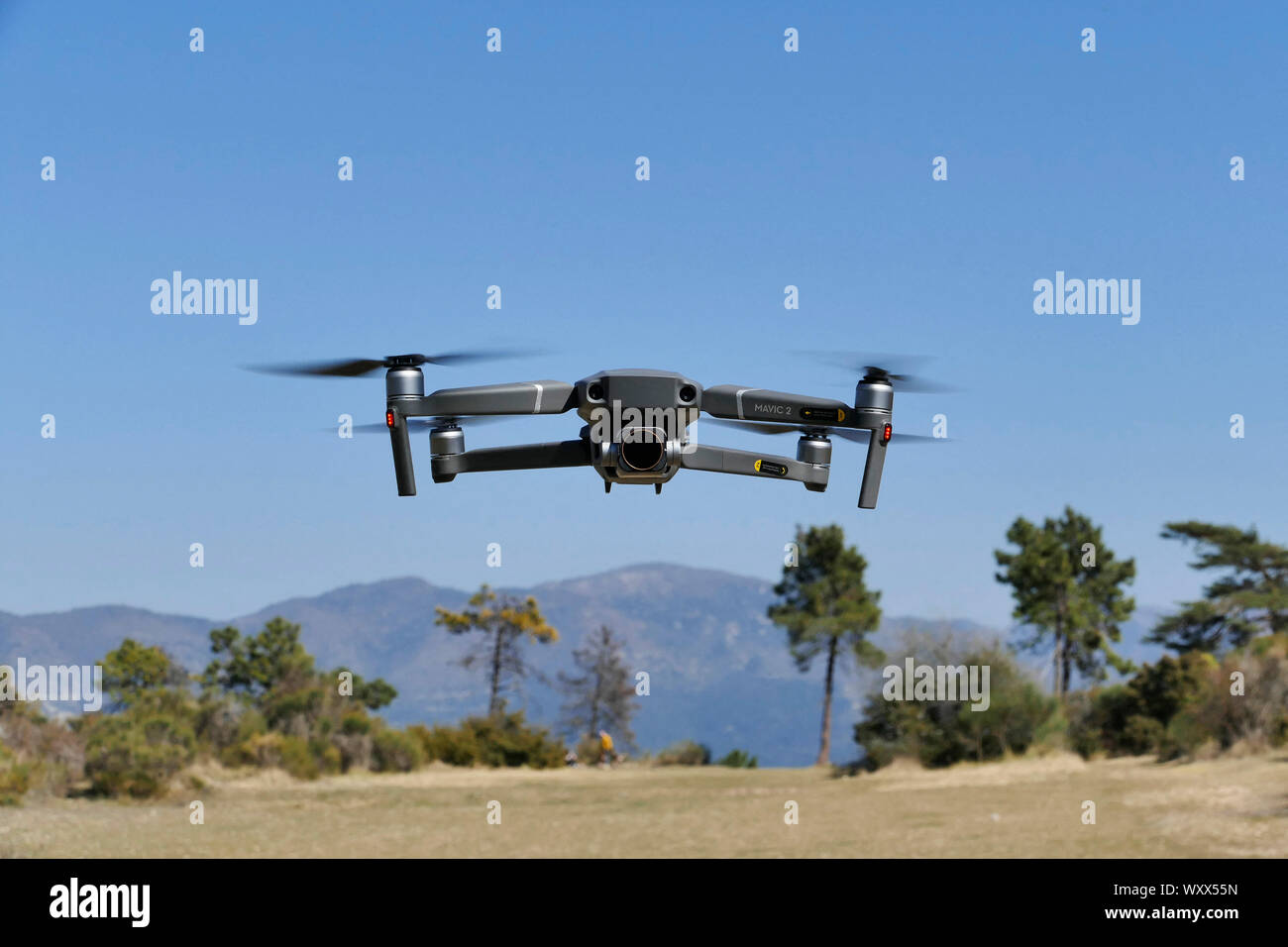 Drone 4K DJI MAVIC 2 PRO in flight. Stock Photo