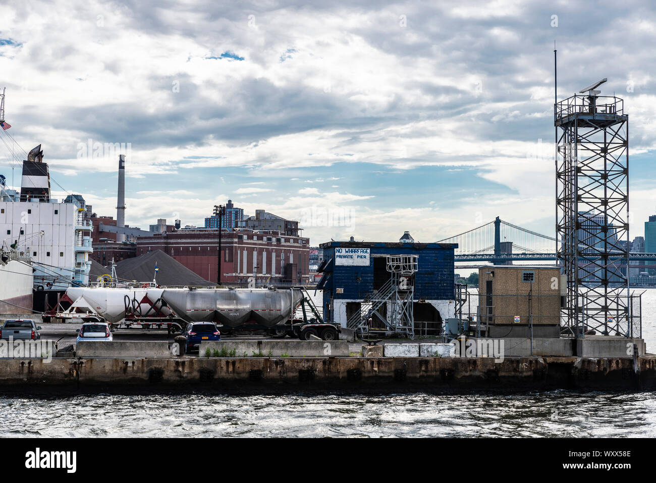 Dock with industrial factories and warehouses on the East River in New