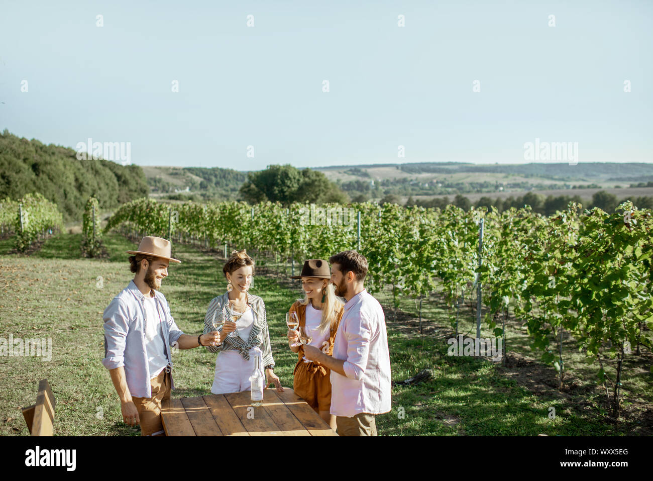 Group of young friends dressed casually tasting wine on the vineyard on a sunny summer morning, wide landscape view Stock Photo