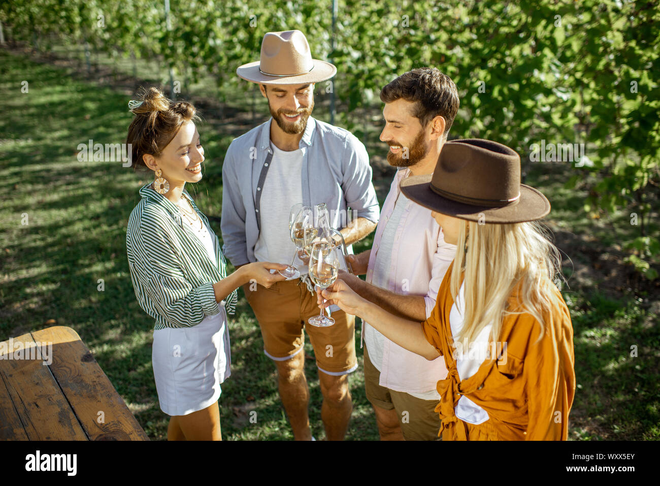 Group of young friends dressed casually having fun together, clinking wine glasses on the vineyard on a sunny summer morning Stock Photo