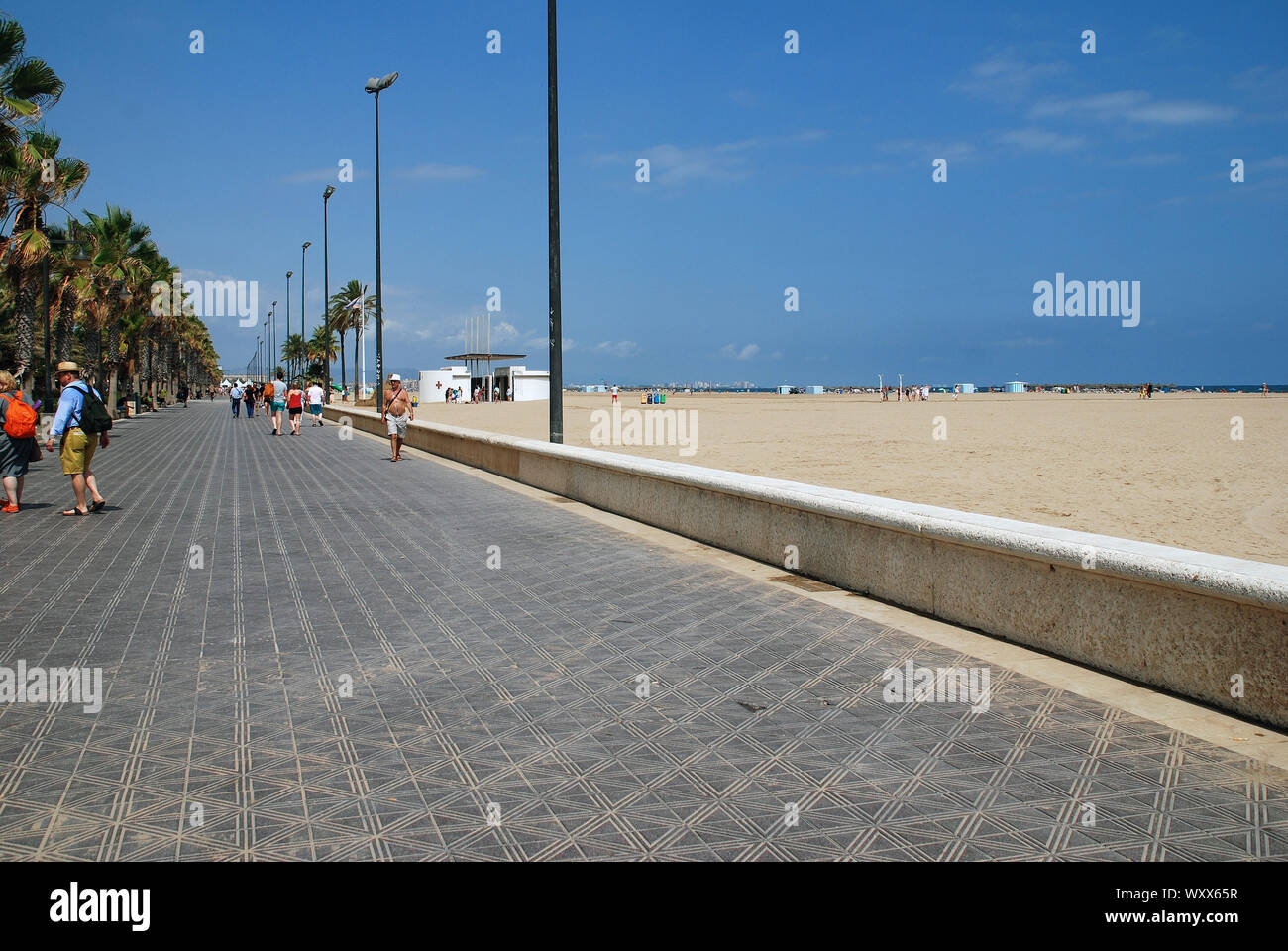 People walk on the Paseo Maritimo at Playa de Las Arenas in Valencia, Spain on September 4, 2019. Stock Photo