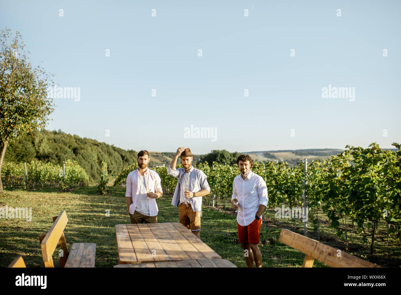 Three guys dressed casually tasting wine while spending time together on the vineyard on a sunny summer morning, landscape view with copy space Stock Photo
