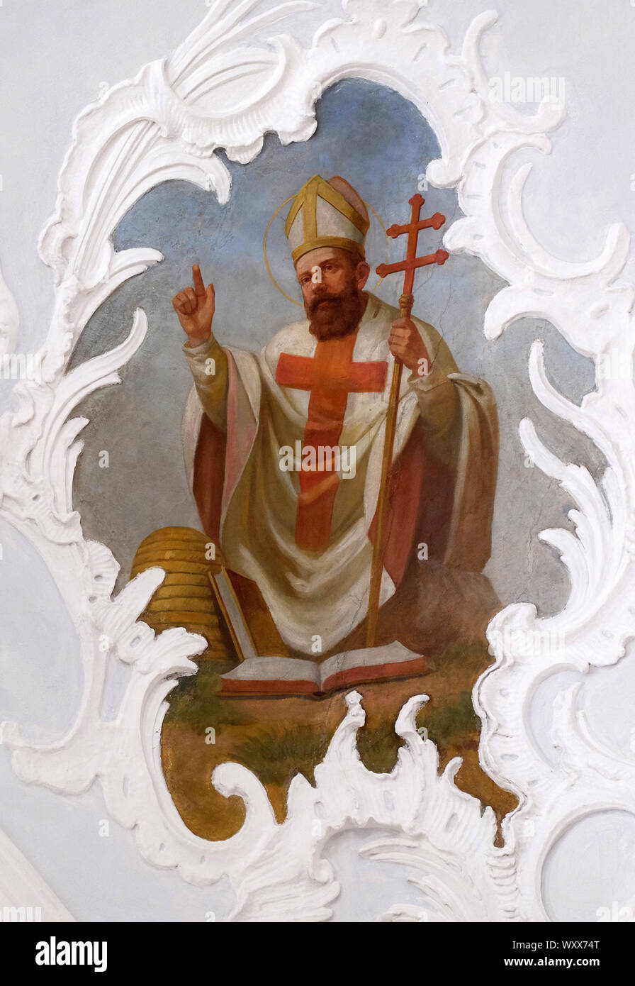 Saint Ambrose one of the four Great Latin Fathers, fresco in the church of St. Agatha in Schmerlenbach, Germany Stock Photo