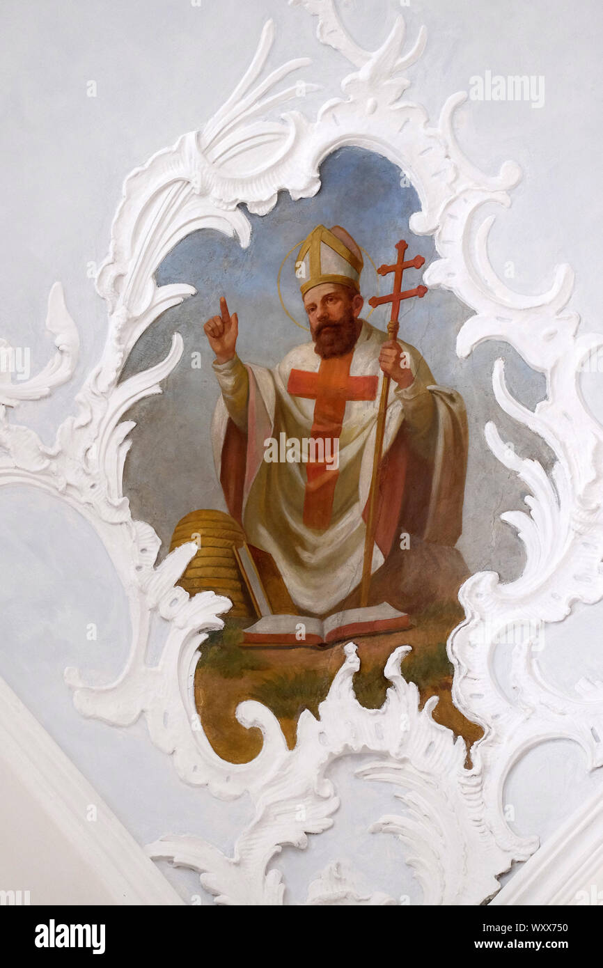 Saint Ambrose one of the four Great Latin Fathers, fresco in the church of St. Agatha in Schmerlenbach, Germany Stock Photo