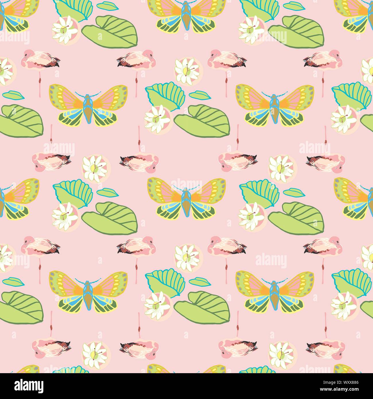 Pastel exotic jungle flamingo geometric seamless summer pattern. Boanical leaf and flamingo bird in pastel green and pink tones. For fashion, fabric, wallpaper, packaging design, stationary. Stock Vector