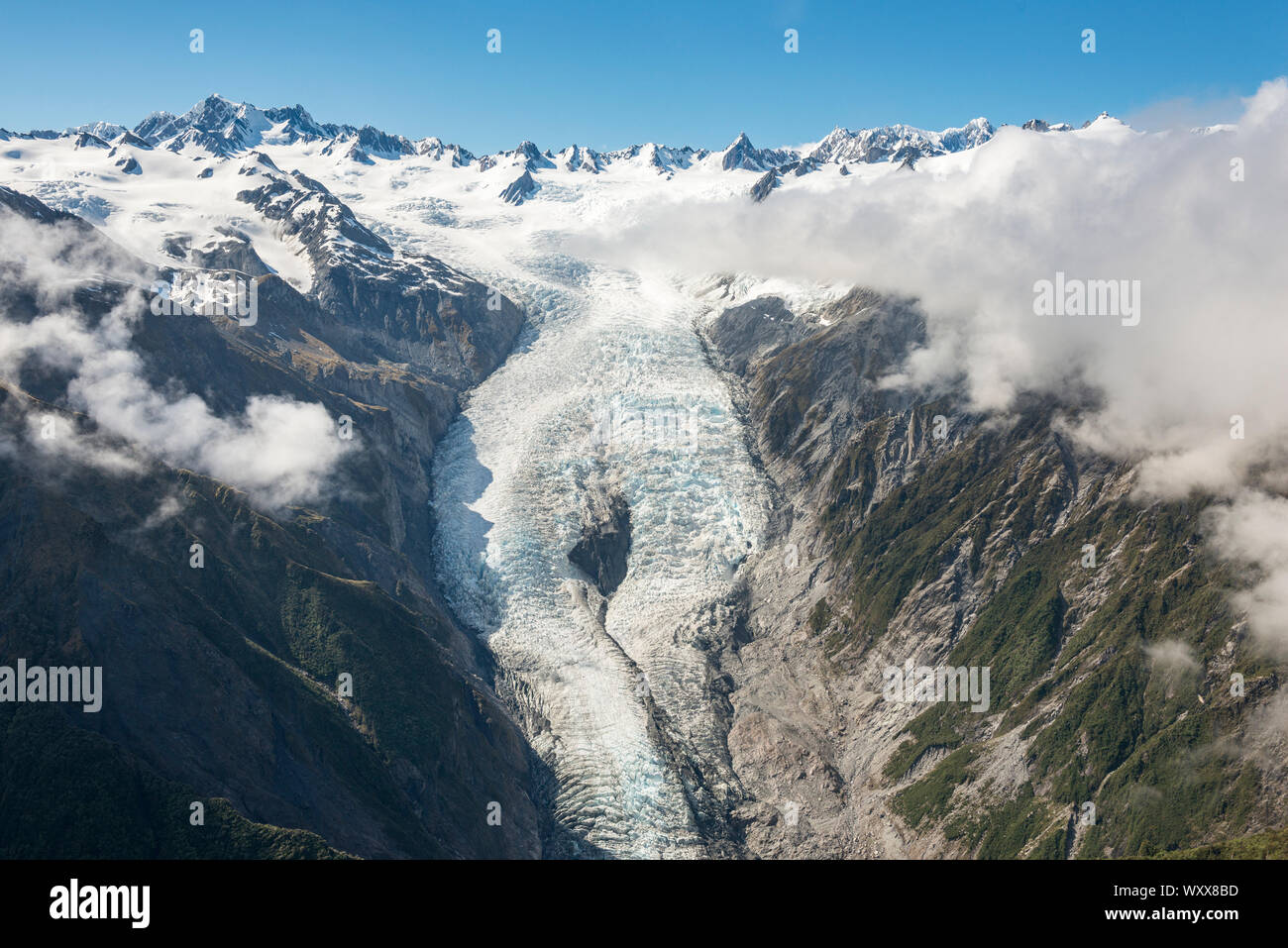 Franz Josef Glacier, aerial view, Westcoast, South Island, New Zealand Stock Photo