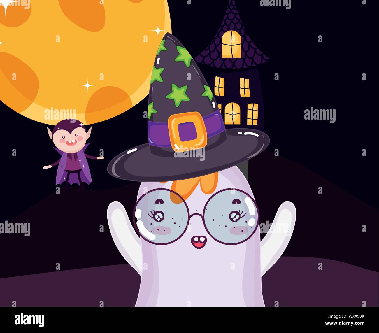 dracula ghost and house night moon halloween vector illustration Stock ...