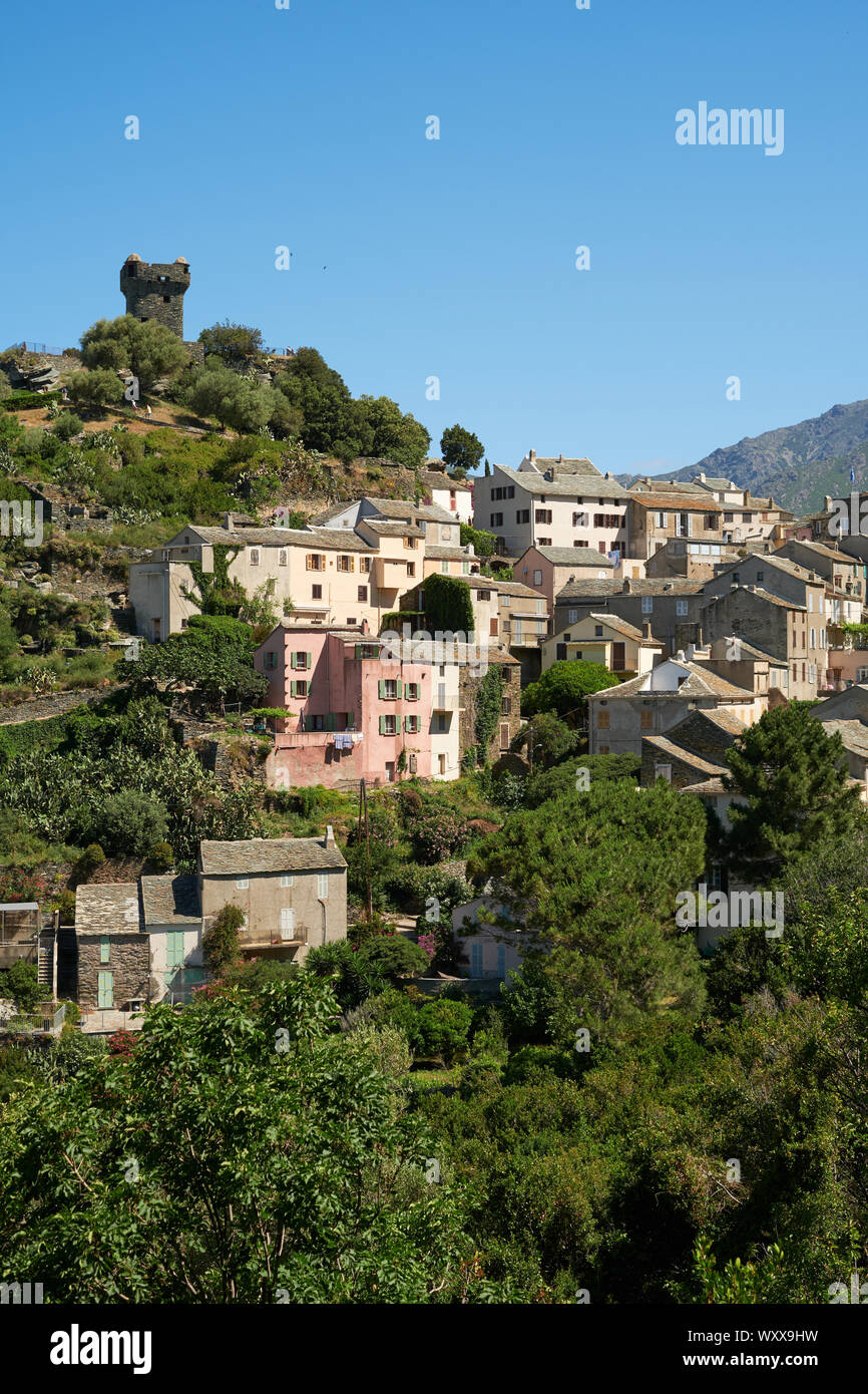 Nonza hilltop village and Torra di Nonza watchtower in the Haute-Corse department Cap Corse north Corsica France. Stock Photo