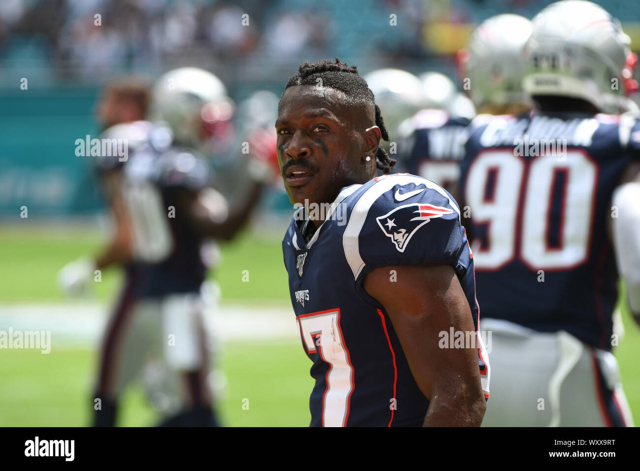 September 15, 2019: Antonio Brown #17 of the New England Patriots warms up  before the NFL football game between the Miami Dolphins and New England  Patriots at Hard Rock Stadium in Miami