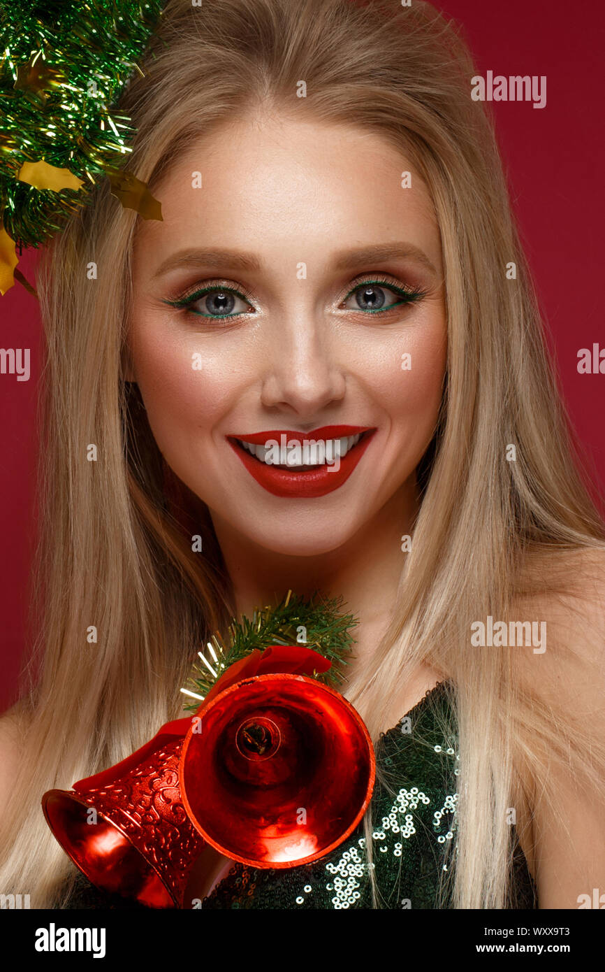 Beautiful Blonde Girl In A New Year S Image With Christmas Bells