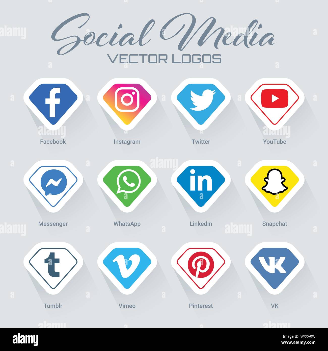 Collection of popular social media logos in diamond shape. Instagram, facebook, twitter, youtube, whatsapp, pinterest, snapchat, linkedin, tumblr, mes Stock Vector