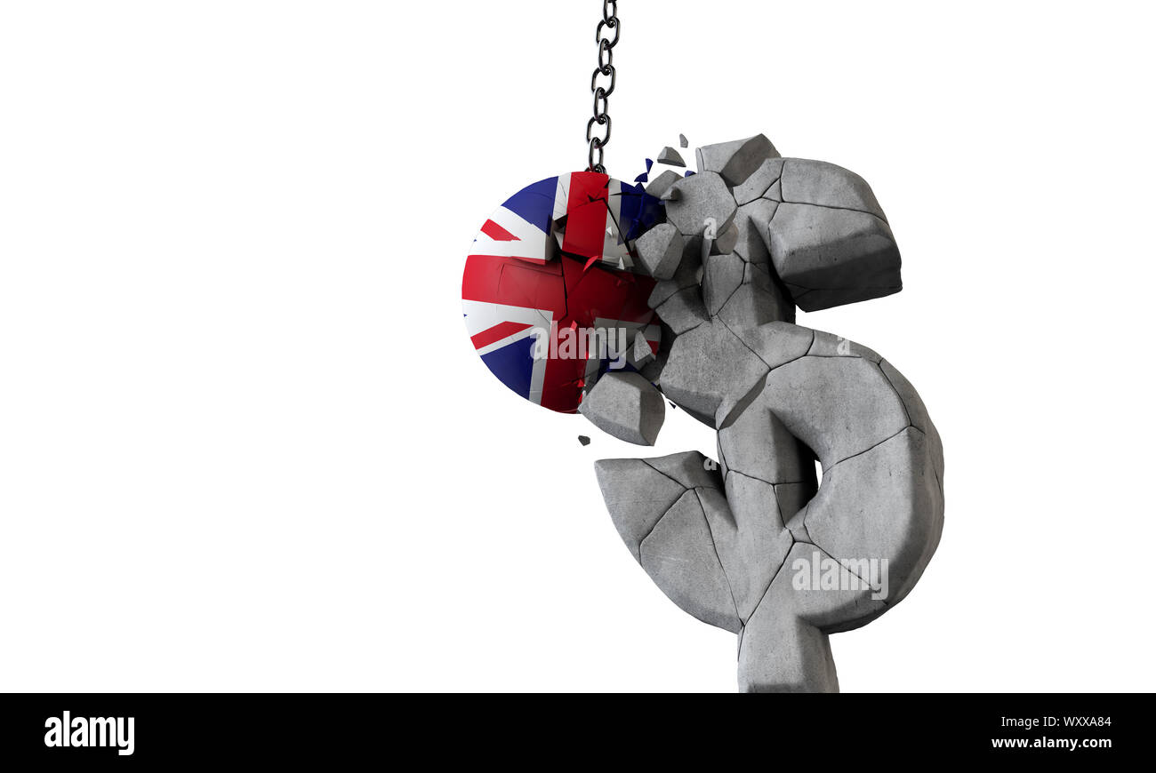 UK flag ball smashing a USA dollar currency symbol. 3D Render Stock Photo - Alamy