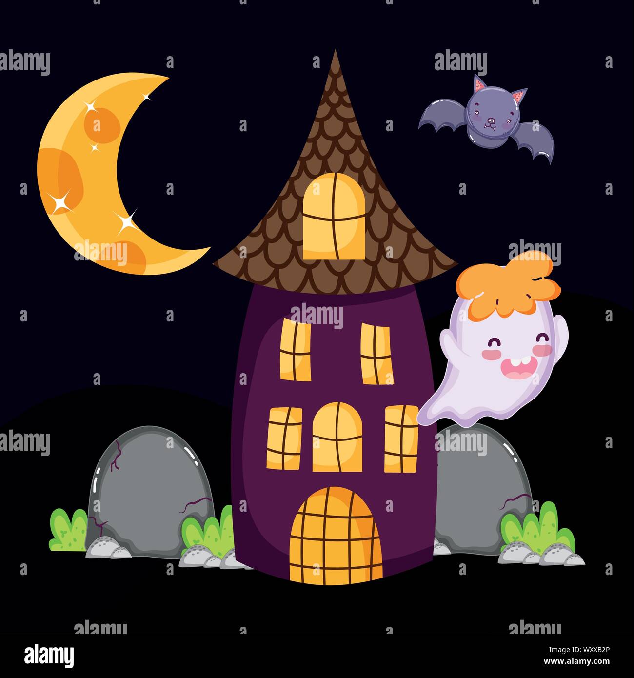 cute ghost bat house moon night halloween vector illustration Stock ...