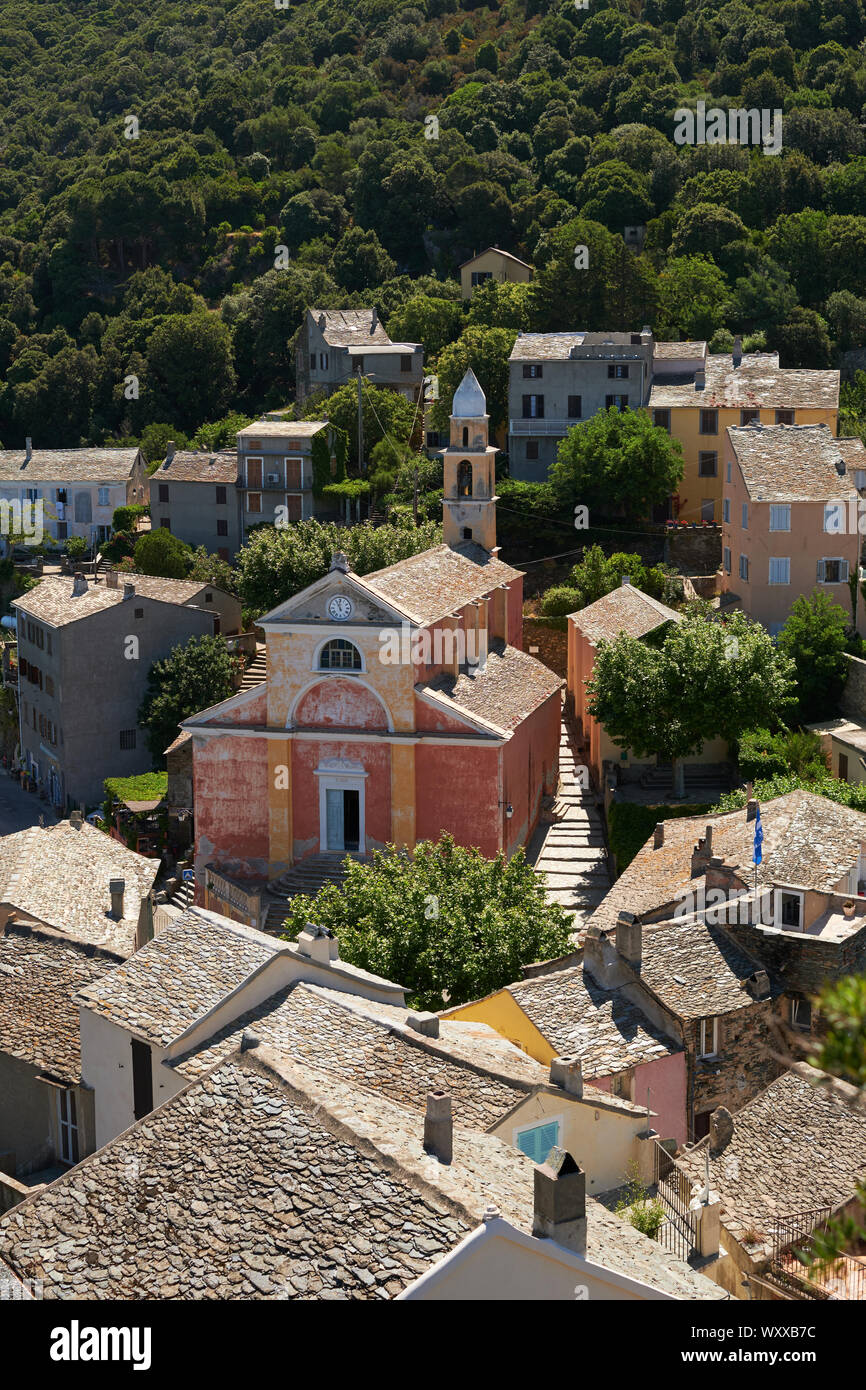Nonza hilltop village and l'église Santa-Giulia in the Haute-Corse department Cap Corse north Corsica France. Stock Photo