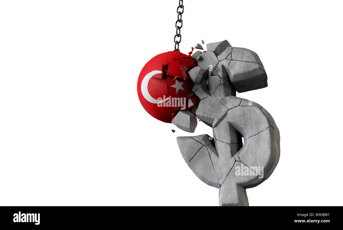 Turkey flag ball smashing a USA dollar currency symbol. 3D Render Stock Photo