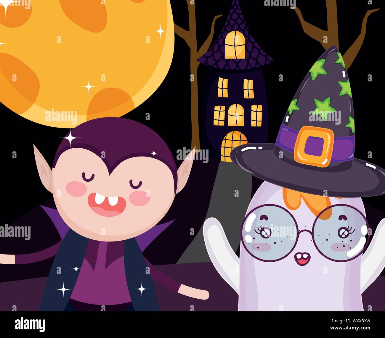 dracula ghost and house night moon halloween vector illustration Stock ...