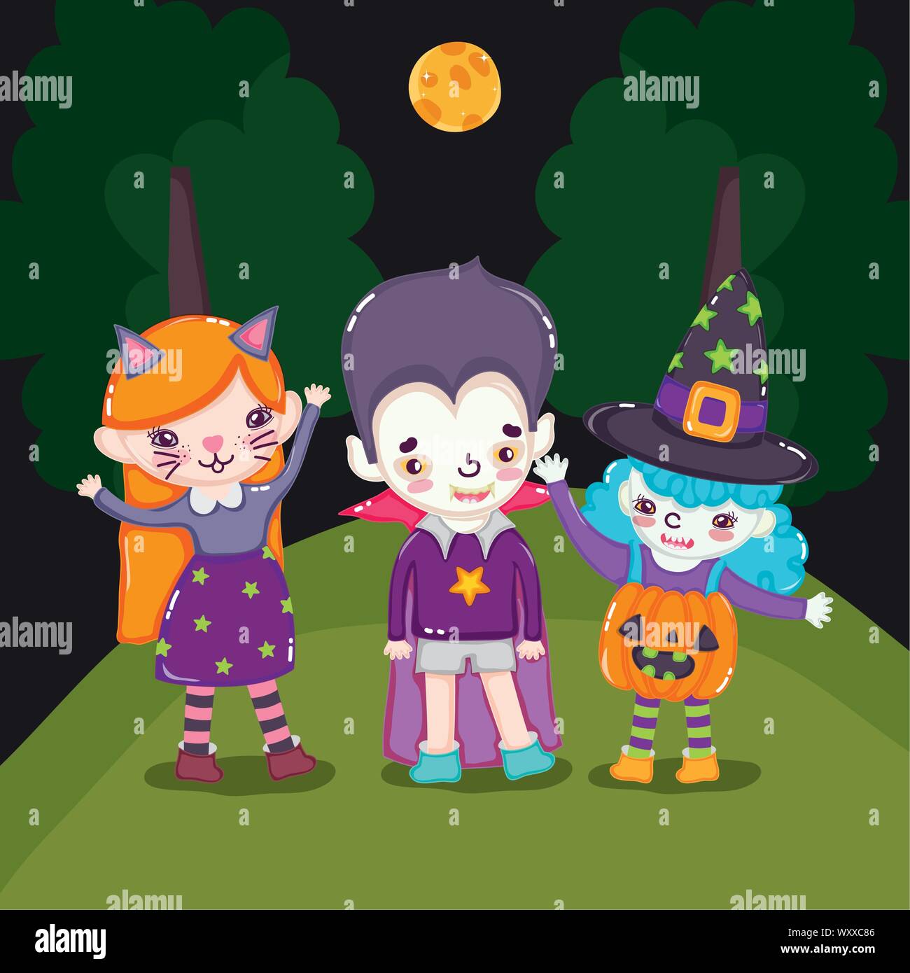 kids dracula cat and witch costumes halloween image vector illustration ...
