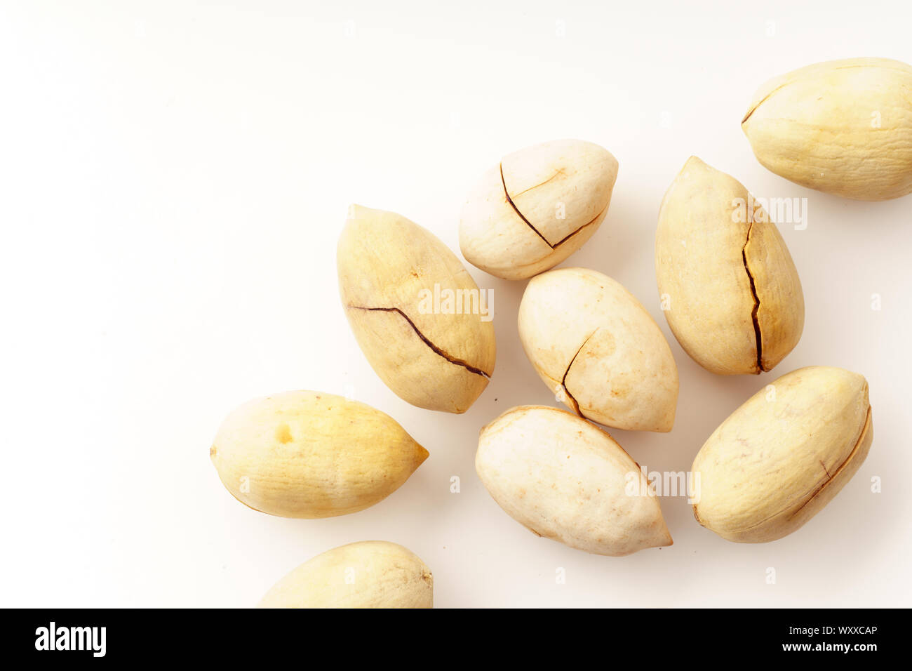 Pecan nuts in nutshells isolated. Overhead image, white background Stock Photo