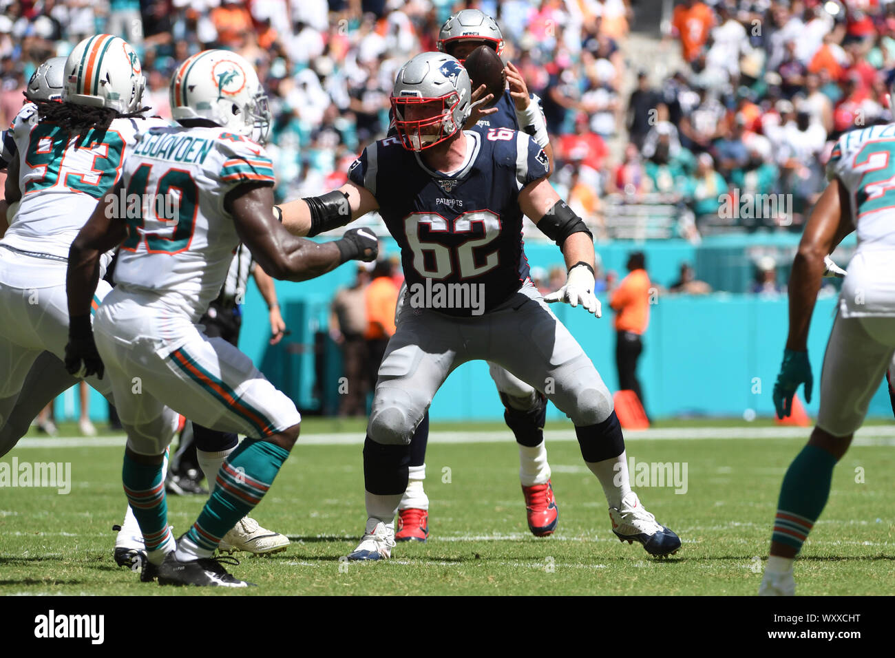 Miami Gardens FL, USA. 15th Sep, 2019. Joe Thuney #62 of New England in action during the NFL football game between the Miami Dolphins and New England Patriots at Hard Rock Stadium in Miami Gardens FL. The Patriots defeated the Dolphins 43-0. Credit: csm/Alamy Live News Stock Photo