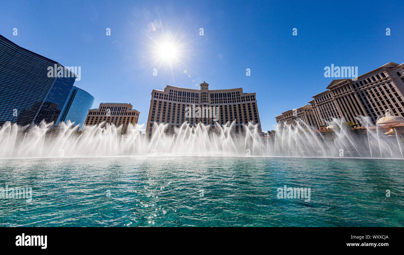 The dancing water Fountains at Bellagio put on a show for the tourists. Stock Photo