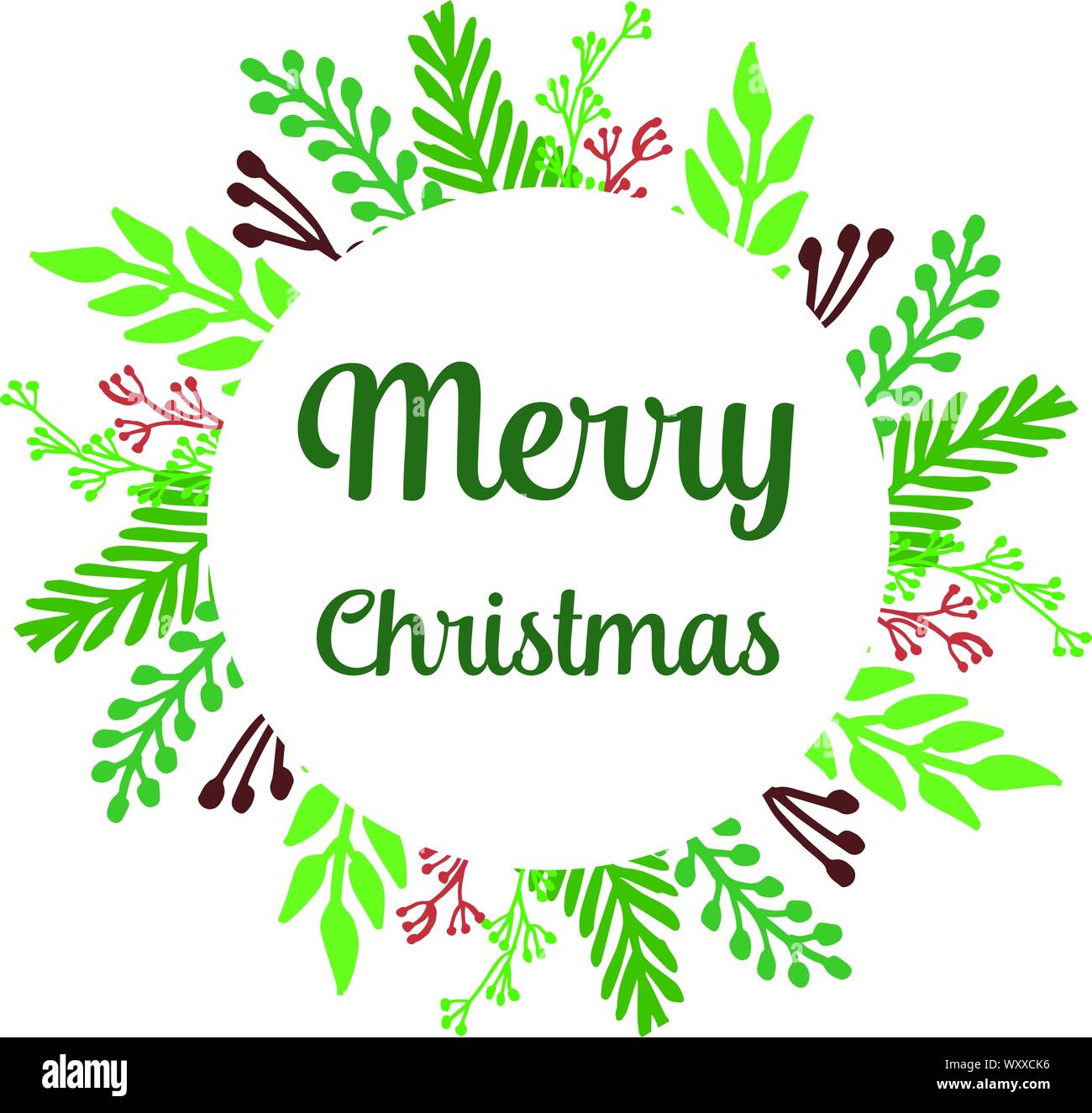 Realistic green leafy wreath frame, with beautiful card merry christmas ...