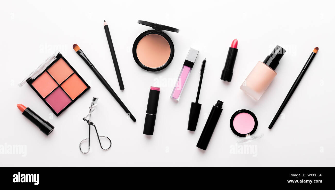 Set of decorative cosmetics for mass market on white Stock Photo Alamy