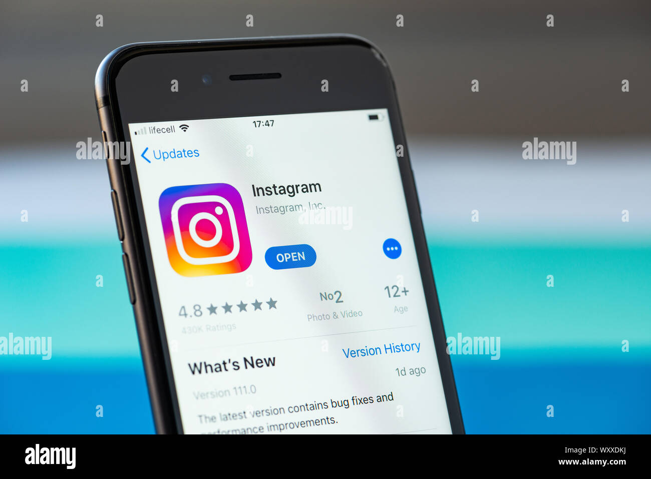 Kyiv, Ukraine - September 17, 2019: Studio shot of Apple iPhone 8 smartphone with an Instagram mobile application on the screen Stock Photo