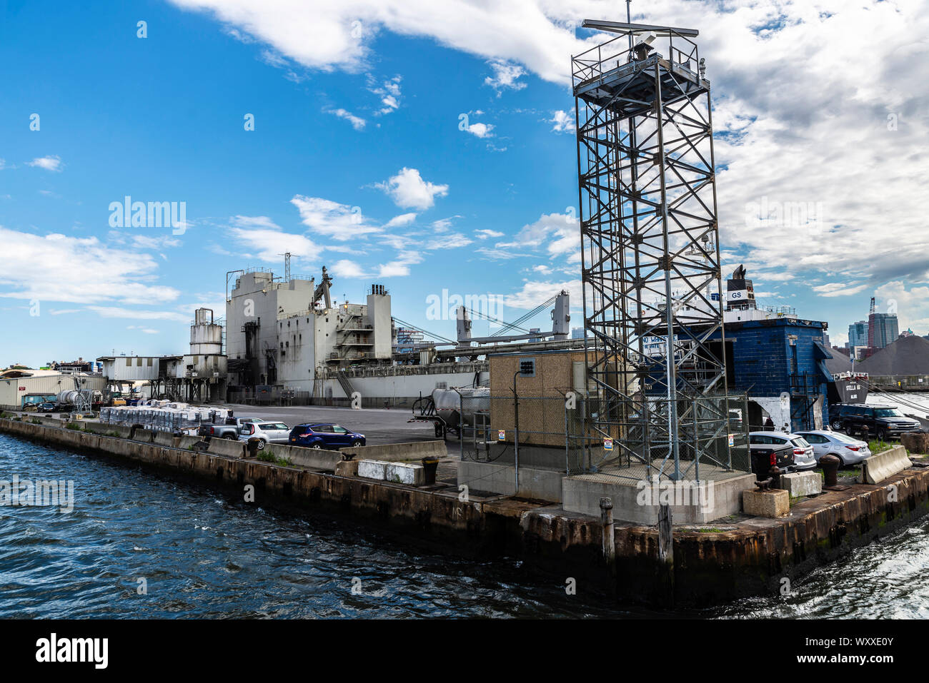 New York City, USA August 2, 2018 Dock with industrial factories and