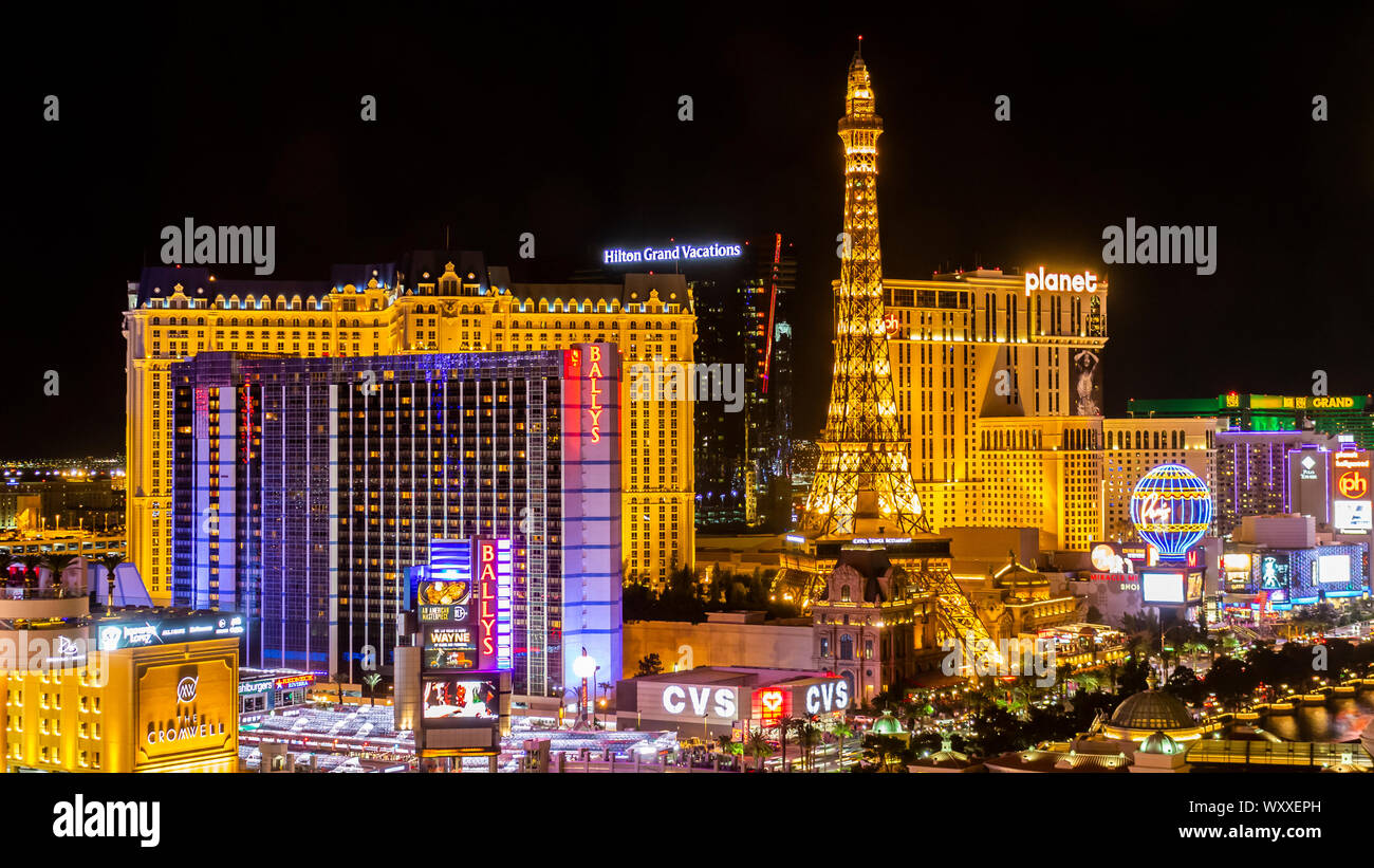 A skyline nighttime view of several casino's and resort on Las Vegas Blvd in Las Vegas, Nevada. Stock Photo