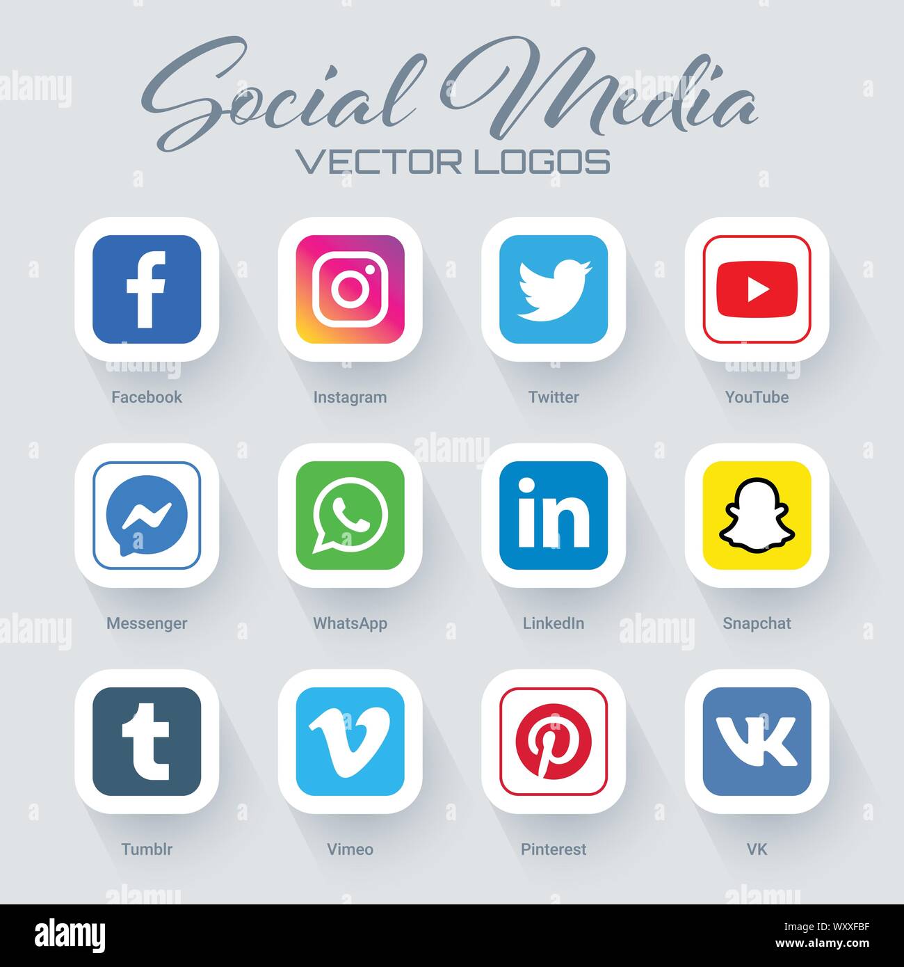 Collection of popular social media logos in square form. Instagram, facebook, twitter, youtube, whatsapp, pinterest, snapchat, linkedin, tumblr, messe Stock Vector
