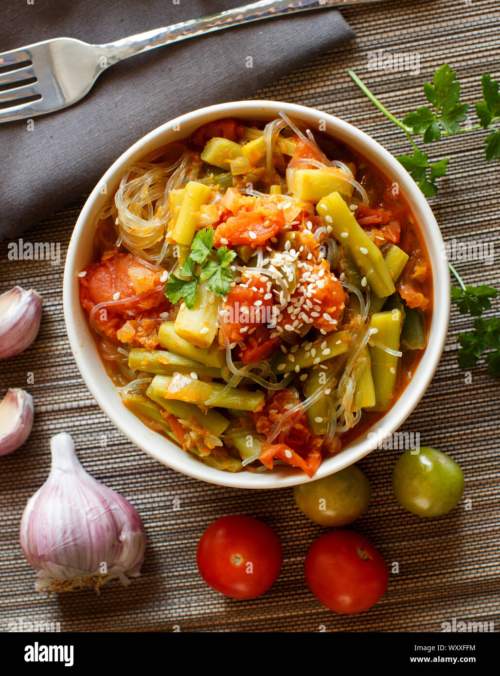 Rice spaghetti with vegetables in a bowl top view Stock Photo - Alamy