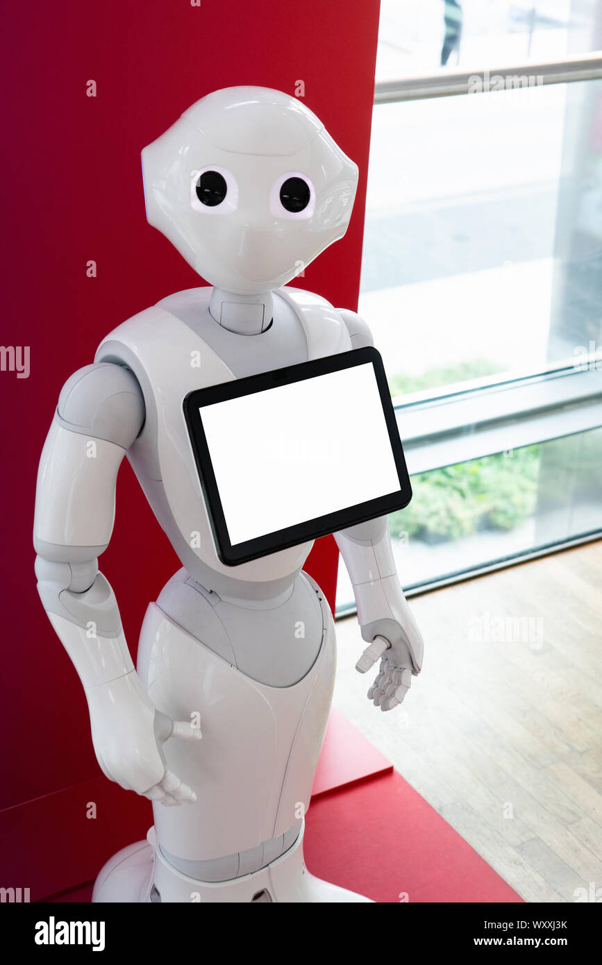 Robot consultant with touch screen Stock Photo