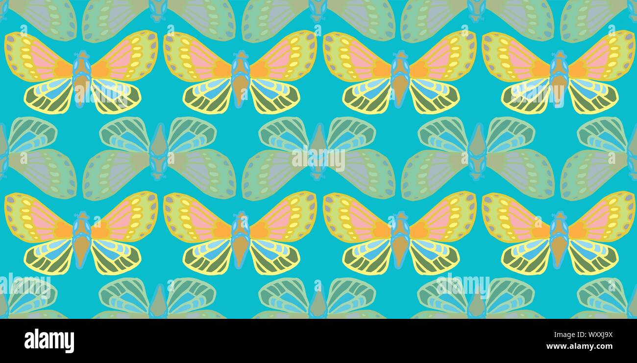 Colorful exotic butterfly pattern. Hand drawn butterfly in a row on turquoise backgpound. For fashion, fabric, wallpaper, packaging design, stationary. Stock Vector