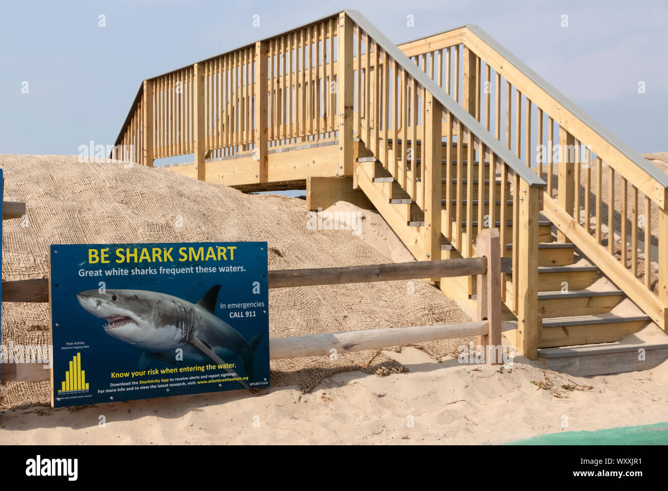 Shark warning sign posted at beach entrance in Truro, Massachusetts. Stock Photo
