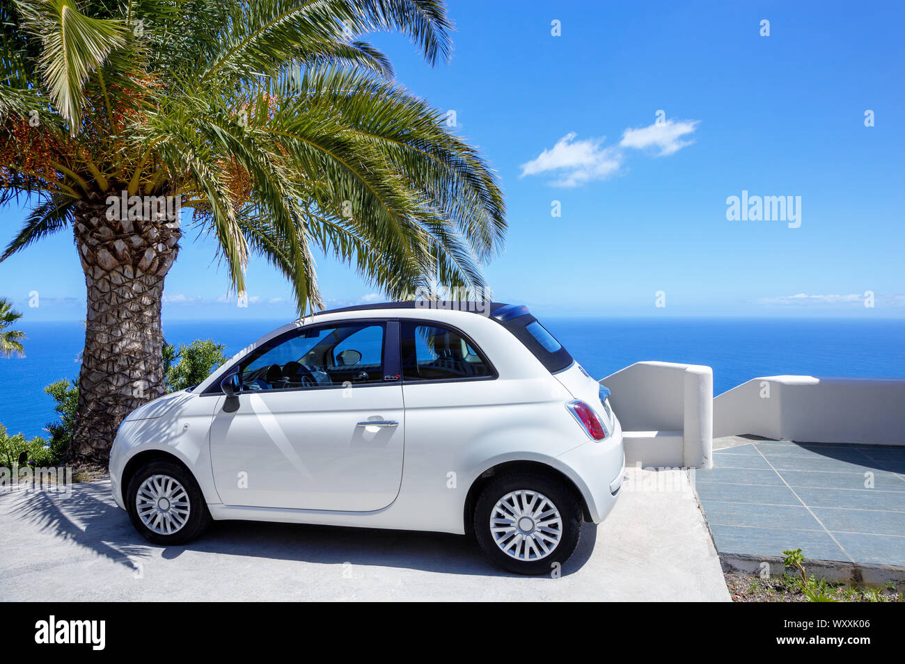Fiat 500 parked on roadside, Island La Palma, Canary Islands, Spain, Europe. Stock Photo